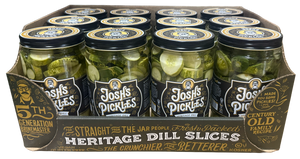 Front view of a Costco display tray holding twelve Josh’s Pickles Heritage Dill Slices 35 fl oz jars, with the front jar labels and branded cardboard tray visible.