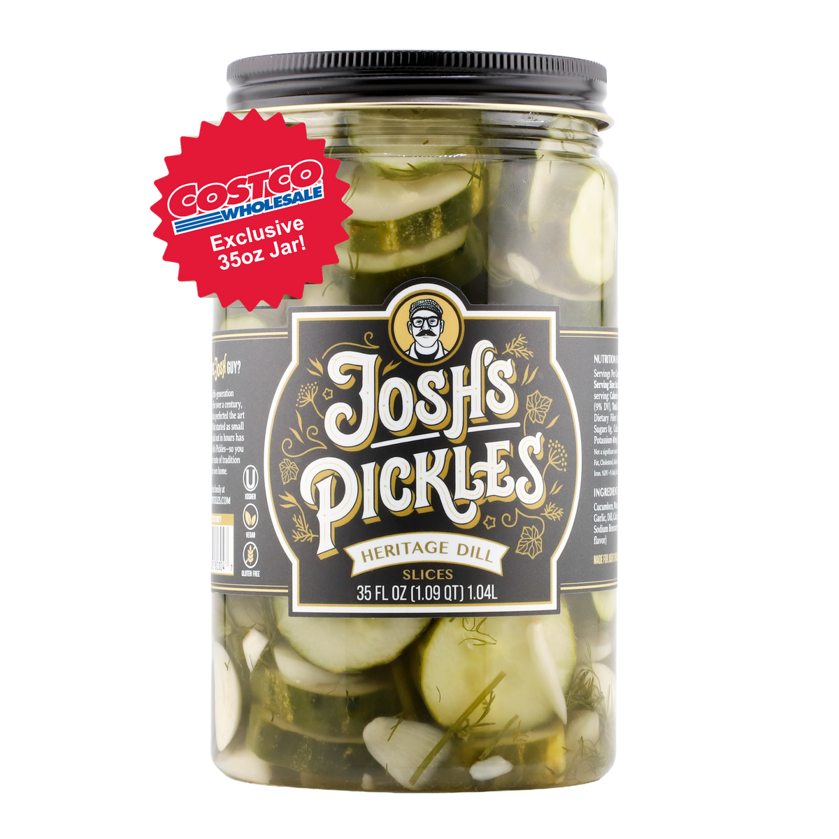 Heritage Dill Slices 35 fl oz jar, front view with a red Costco Exclusive 35oz Jar! sunburst badge