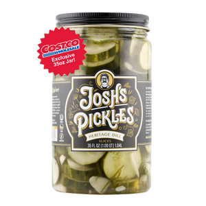 Heritage Dill Slices 35 fl oz jar, front view with a red Costco Exclusive 35oz Jar! sunburst badge