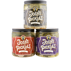 Three-jar Variety Starter Pack with Heritage Dill, Hot Dill, and Jalapeño pickles, closed