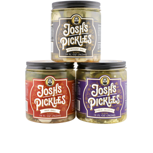 Three-jar Variety Starter Pack with Heritage Dill, Hot Dill, and Jalapeño pickles, closed