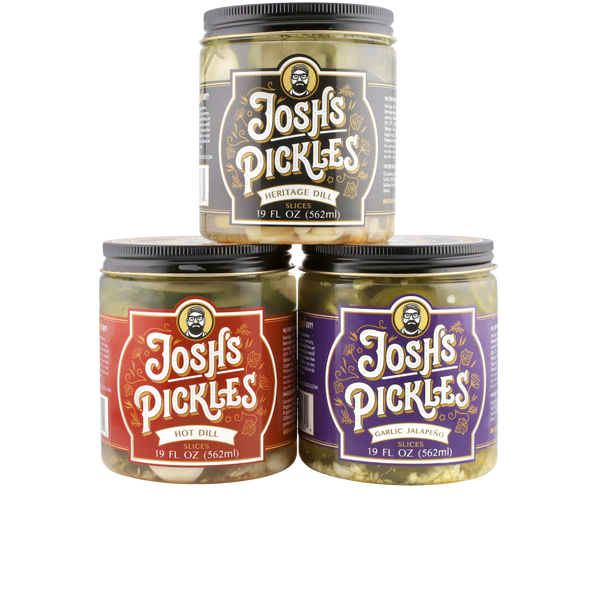 Three-jar Variety Starter Pack with Heritage Dill, Hot Dill, and Jalapeño pickles, closed