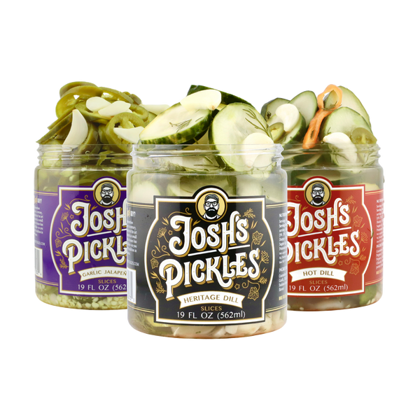 Three-jar Variety Starter Pack with Heritage Dill, Hot Dill, and Jalapeño pickles, open