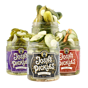 Four-jar Variety Starter Pack with Heritage Dill, Hot Dill, and Jalapeño pickles, open